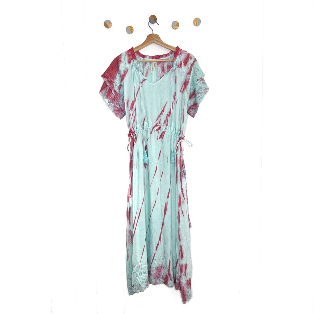Raga Leslie tie dye midi smock dress in blue sky mint pink eyelet